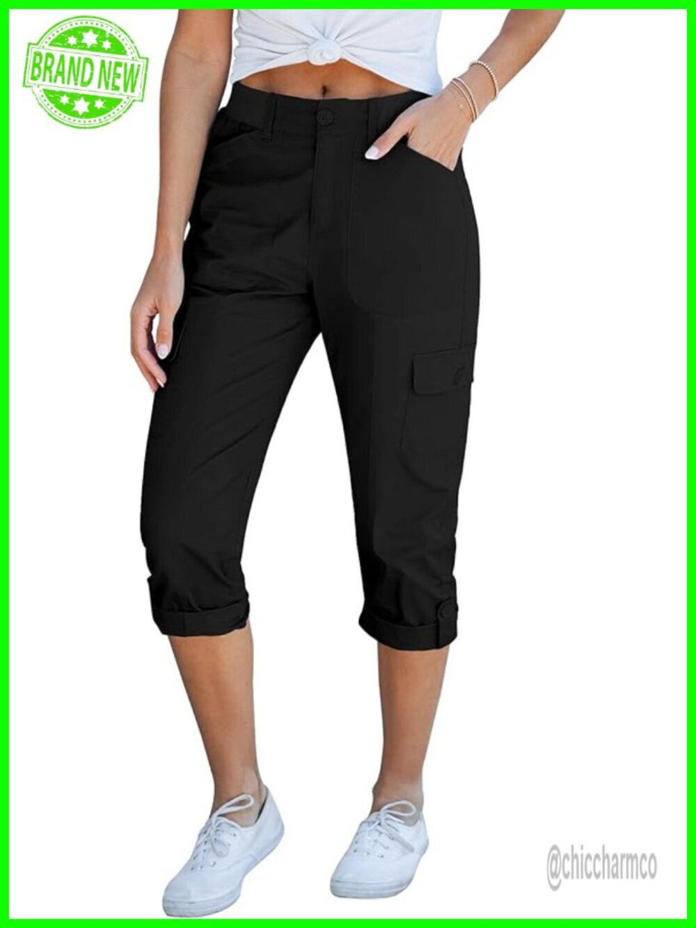 Women's Cargo Capri Pants High Waisted Relaxed Fit 6 Pockets Cotton Blend